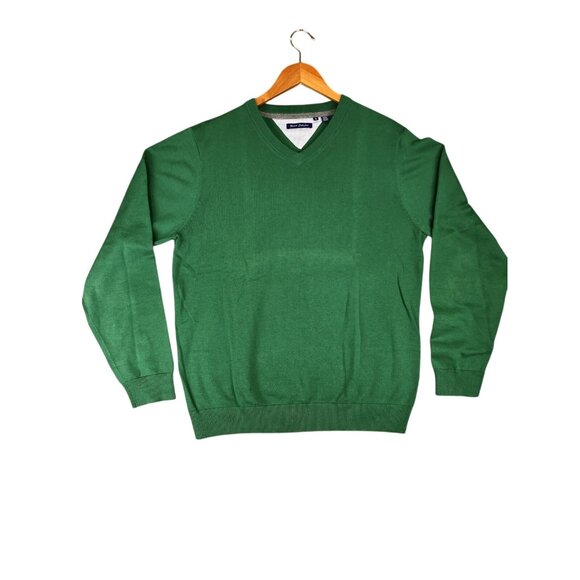 Report Collection Mens L Sweater Green V Neck Pullover 100% Cotton Golf Classic - Picture 1 of 10